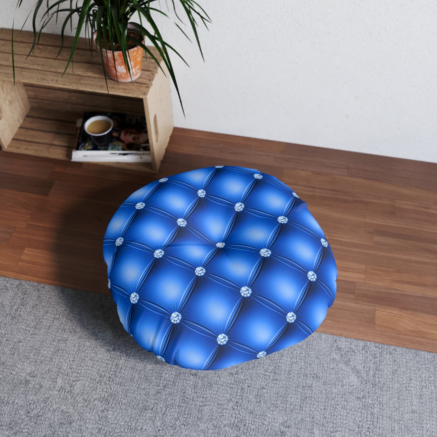 Sapphire Luxe | Blue Tufted Round Pillow with Diamond Accents – Regal Statement for Modern Glam Interiors
