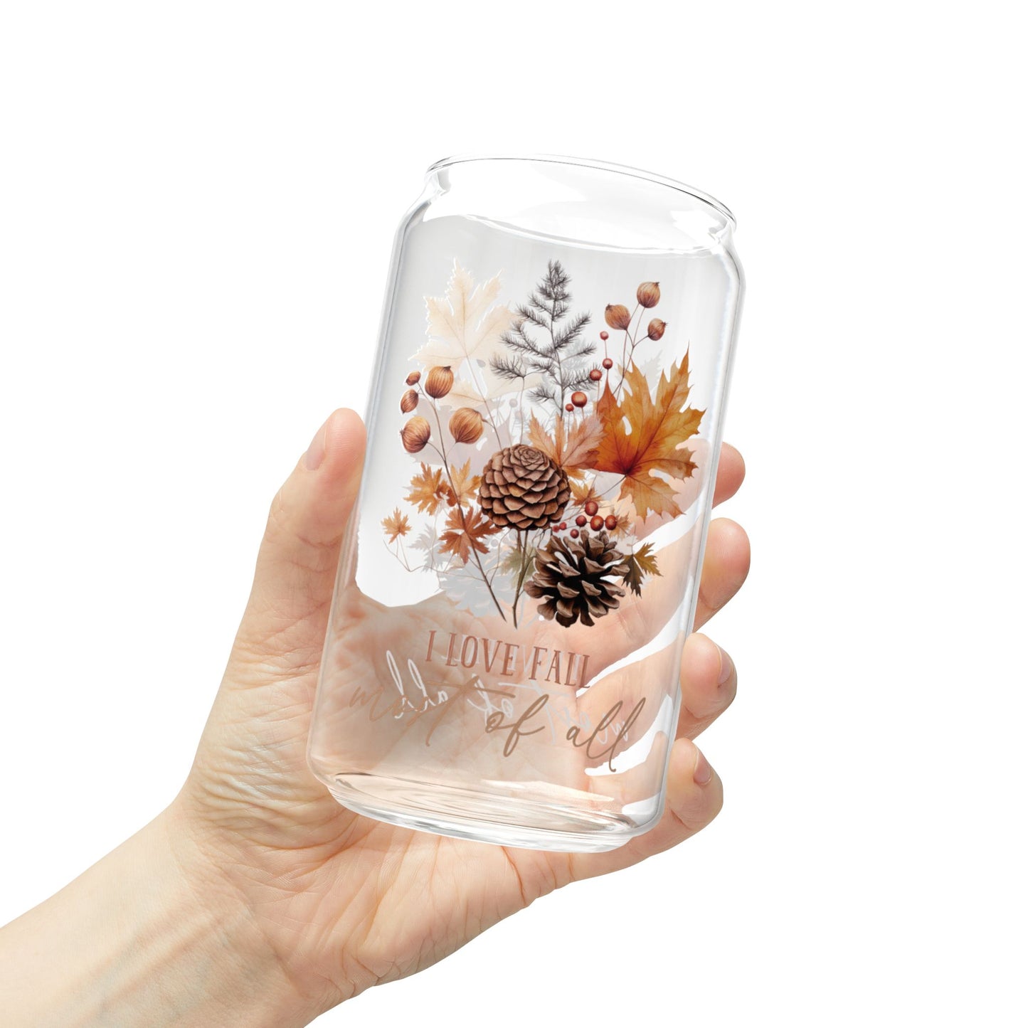 'I Love Fall Most of All' | 16oz Custom Sipper Glass with Bamboo Lid & Straw – Perfect for Sweet Treats and Family Parties
