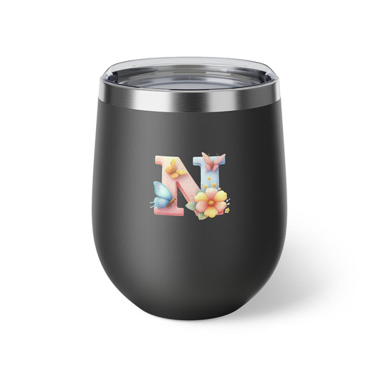Letter N - Personalized Whimsical Butterfly Copper Vacuum Insulated Cup, 12 oz – Perfect for Weddings