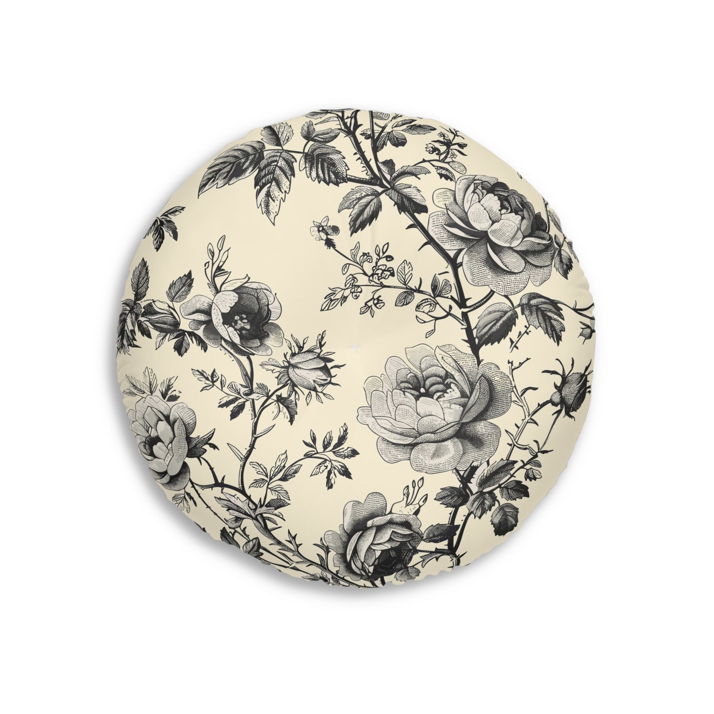 Eternal Bloom | Black & Ivory Floral Tufted Round Pillow | Timeless Romance in Monochrome Elegance