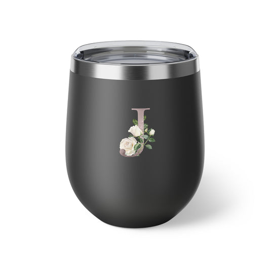 Letter J - Personalized Romantic White Rose Copper Vacuum Insulated Cup, 12 oz – Perfect for Weddings