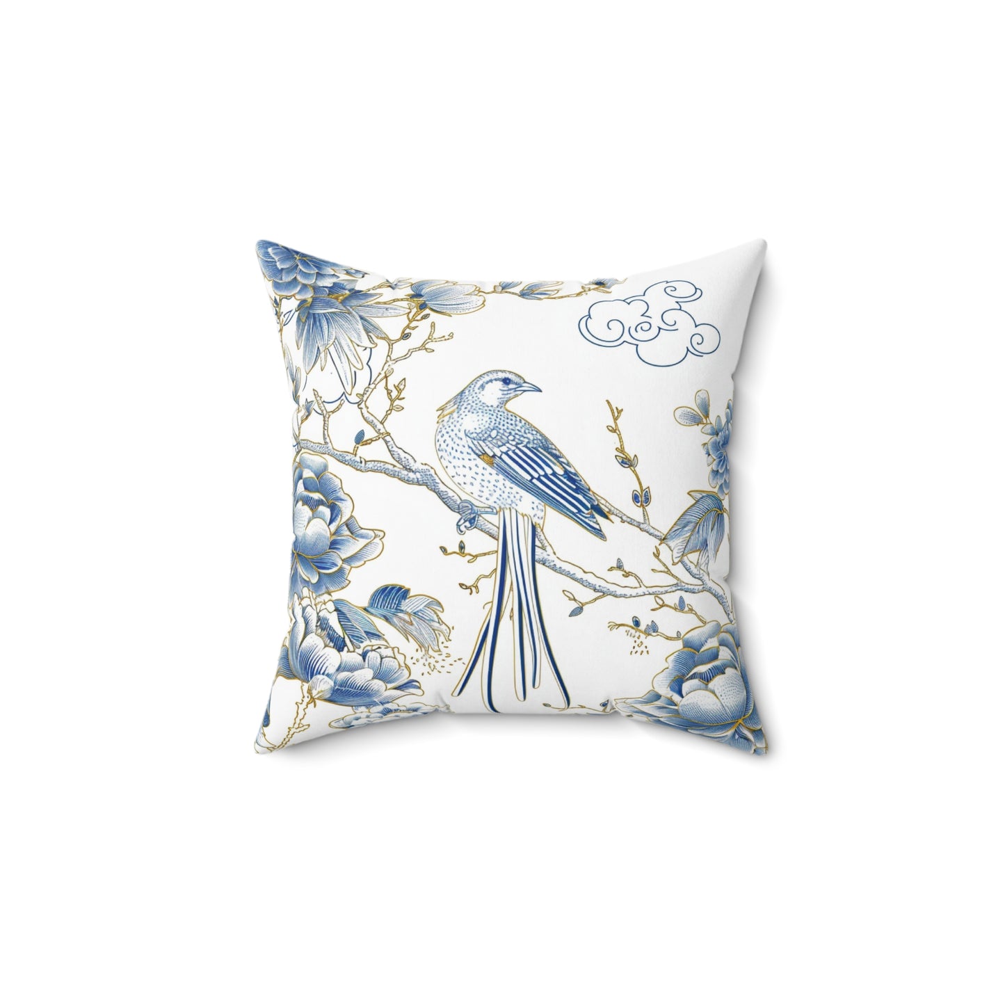 Blue and Gold Bird Chinoiserie | Custom Spun Polyester Square Pillow | Stylish Double-Sided Home Décor Accent for a Personalized Touch