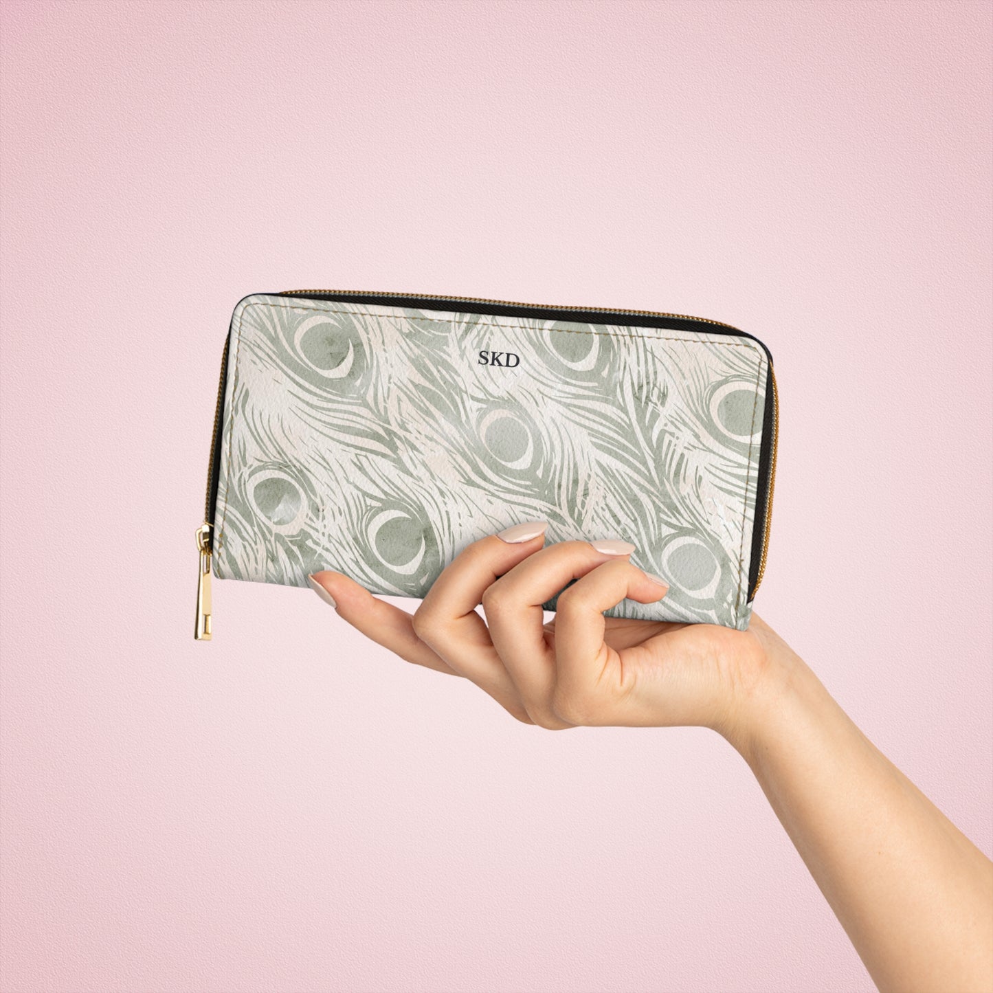 Vault Exclusive: Snowy Plume | Sage & Cream Peacock Feather-Patterned Zipper Wallet | Pristine Beauty for Winter & Bridal Occasions