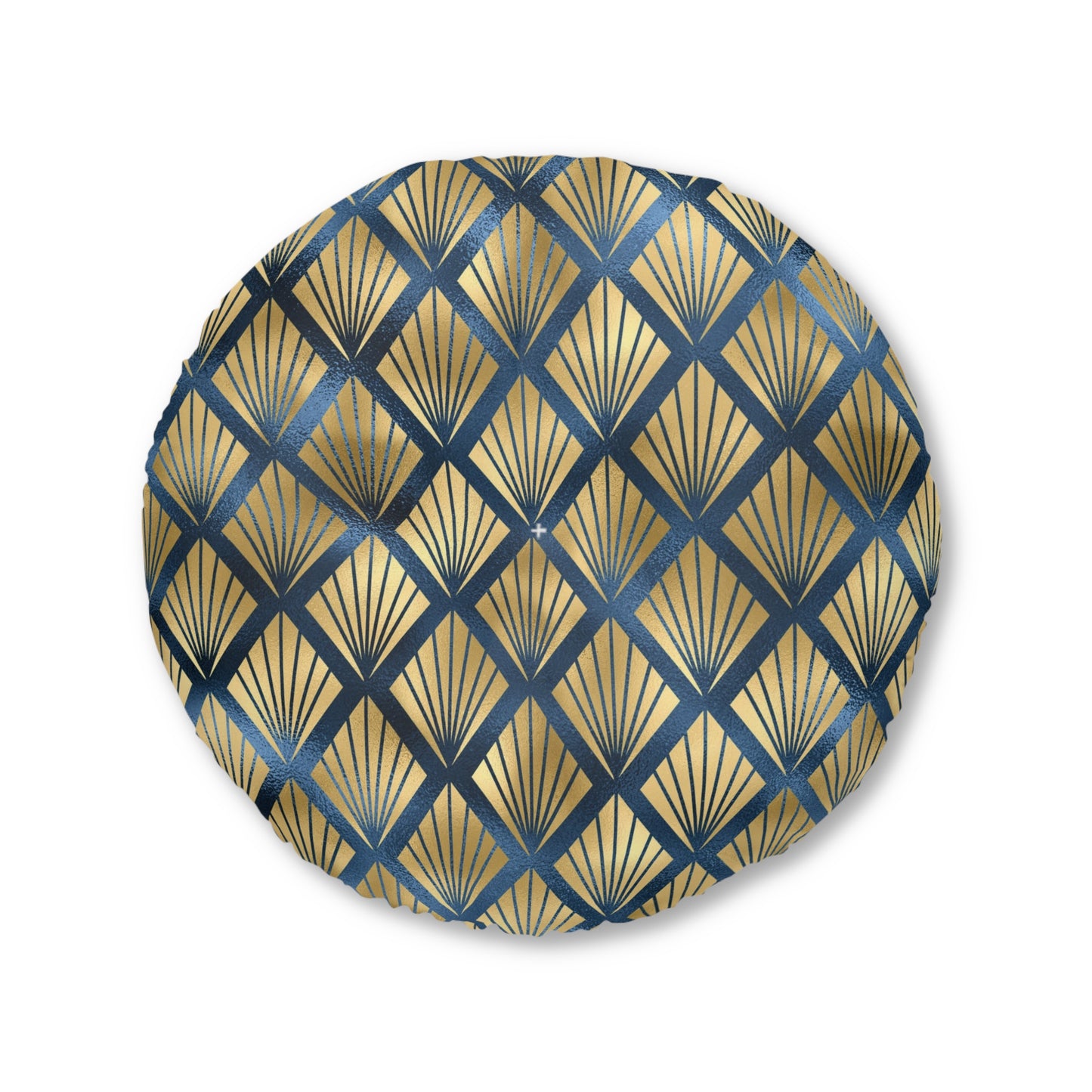 Art Deco Elegance | Gold & Blue Tufted Round Pillow | Timeless Glamour with Geometric Luxe Design