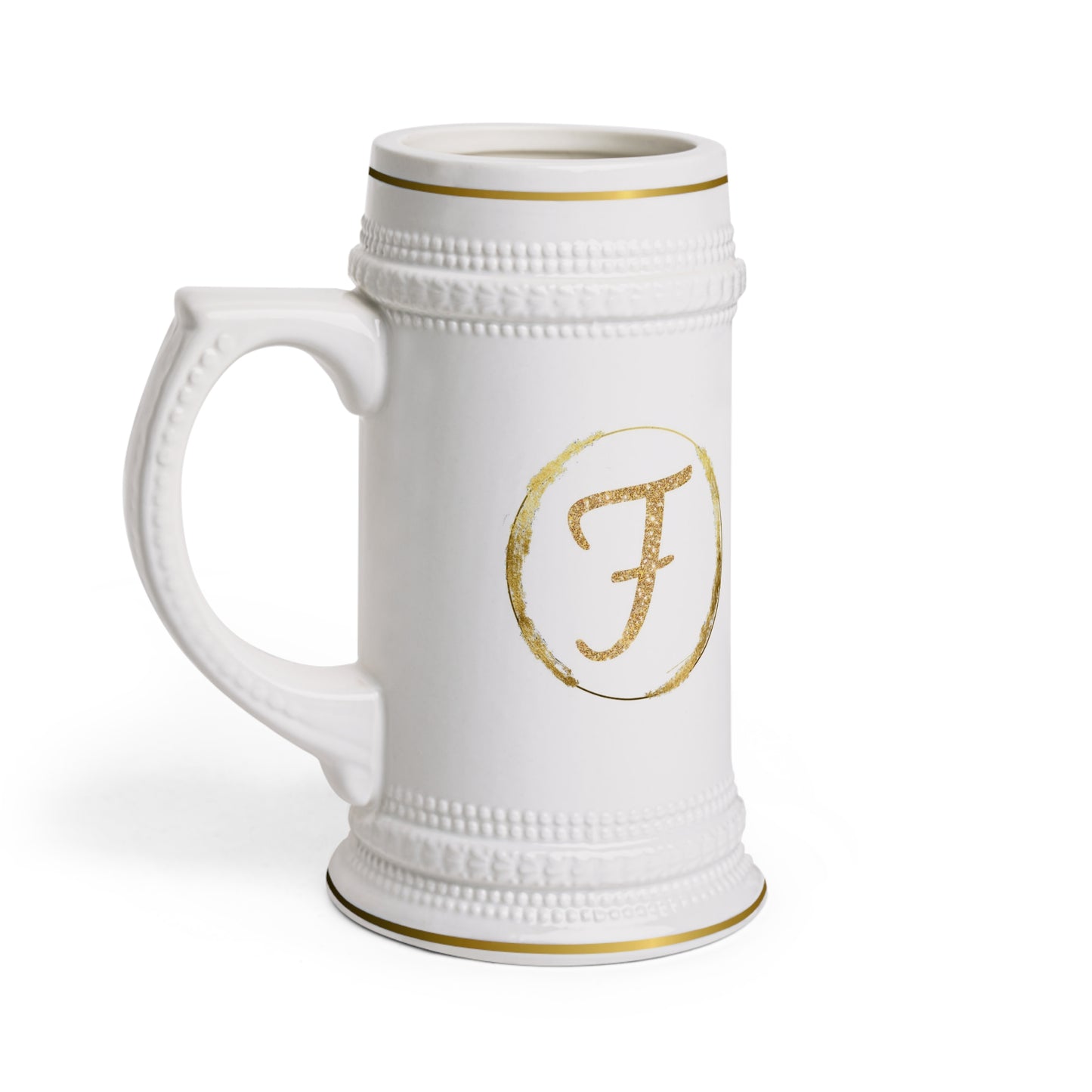 Letter F - Personalized Beer Stein Mug – Custom Initial Ceramic Stein with Gold Accents | Perfect Gift for Beer Lovers