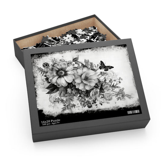 Black & White Roses Puzzle with Butterfly – Custom Elegant Floral Design | 3 Sizes for Mindful Relaxation