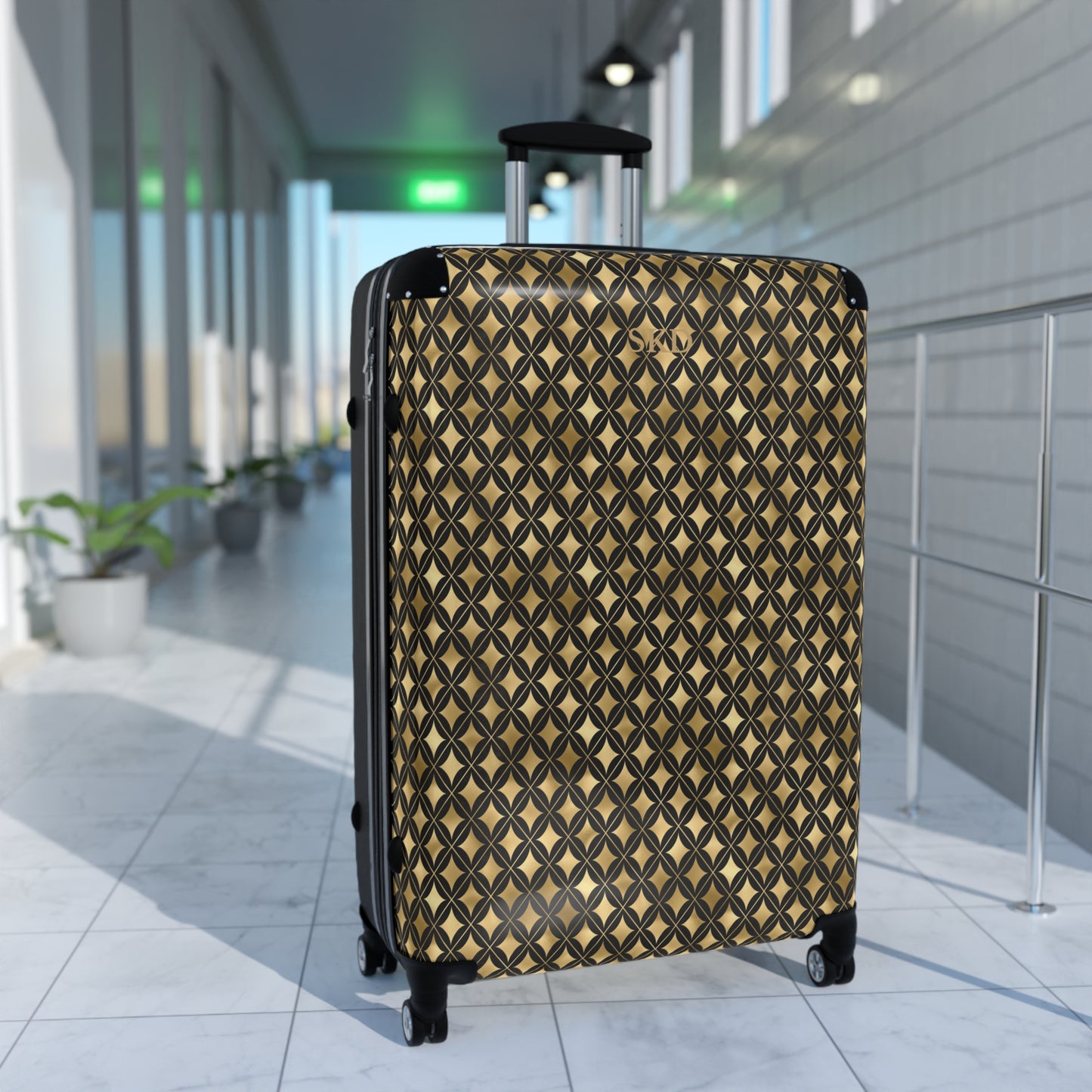 Prestige Legacy | Black & Gold Diamond Pattern Suitcase with Built-In Lock and Durable Protection | Luxurious and Enduring Travel, Lightweight Carry-On, Vacation Essential