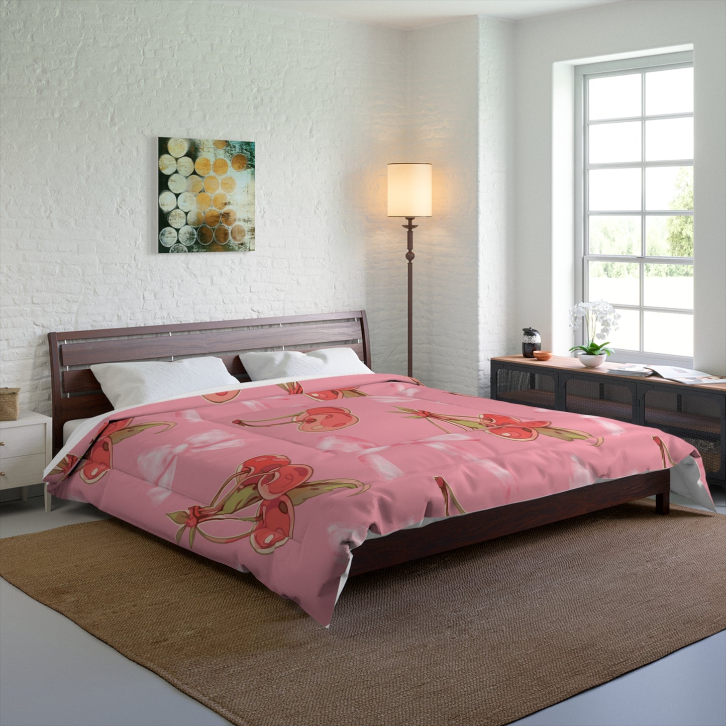 Cozy Pink Comforter with Red Cherries & Bows – Cozy, Fluffy, and Stylish Bedding for a Warm Night's Sleep