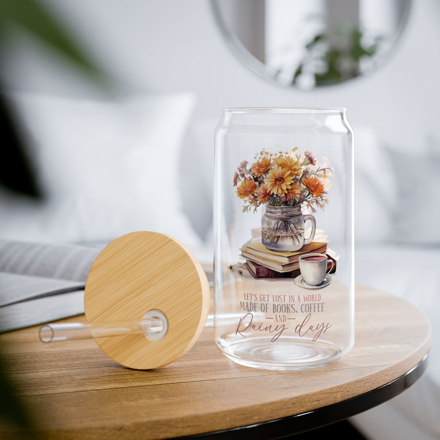 'Books Coffee and Rainy Days' | 16oz Custom Sipper Glass with Bamboo Lid & Straw – Perfect for Sweet Treats and Family Parties