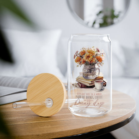 'Books Coffee and Rainy Days' | 16oz Custom Sipper Glass with Bamboo Lid & Straw – Perfect for Sweet Treats and Family Parties