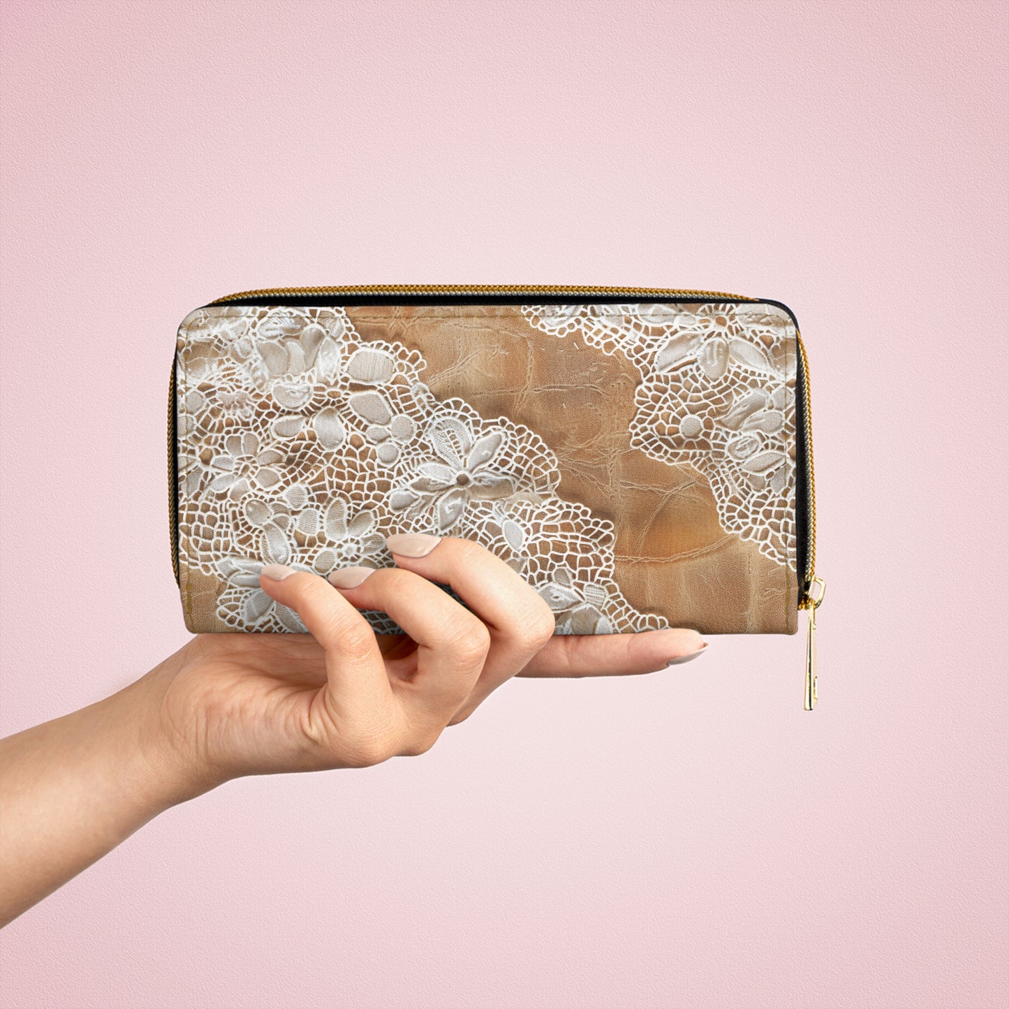 Demure Elegance | Soft Lace & Beige Smooth Faux Leather Zipper Wallet | Stylish & Practical Gift for Sophisticated Ladies
