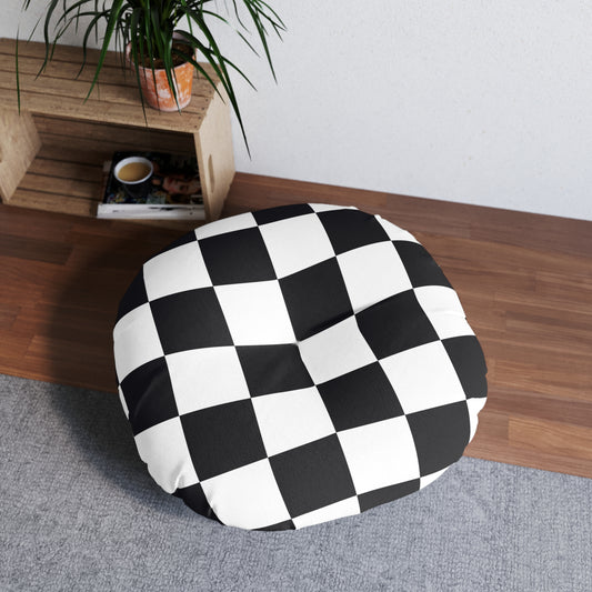 Monochrome Luxe | Black & White Checkered Tufted Round Pillow | Bold Statement in Geometric Elegance