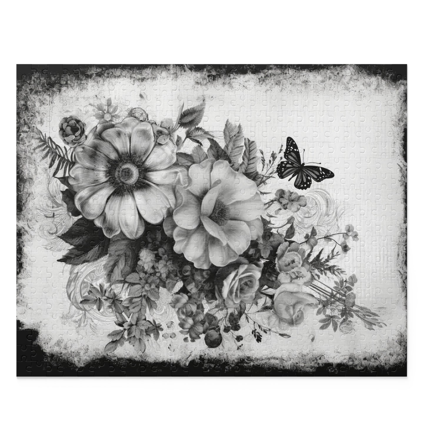 Black & White Roses Puzzle with Butterfly – Custom Elegant Floral Design | 3 Sizes for Mindful Relaxation