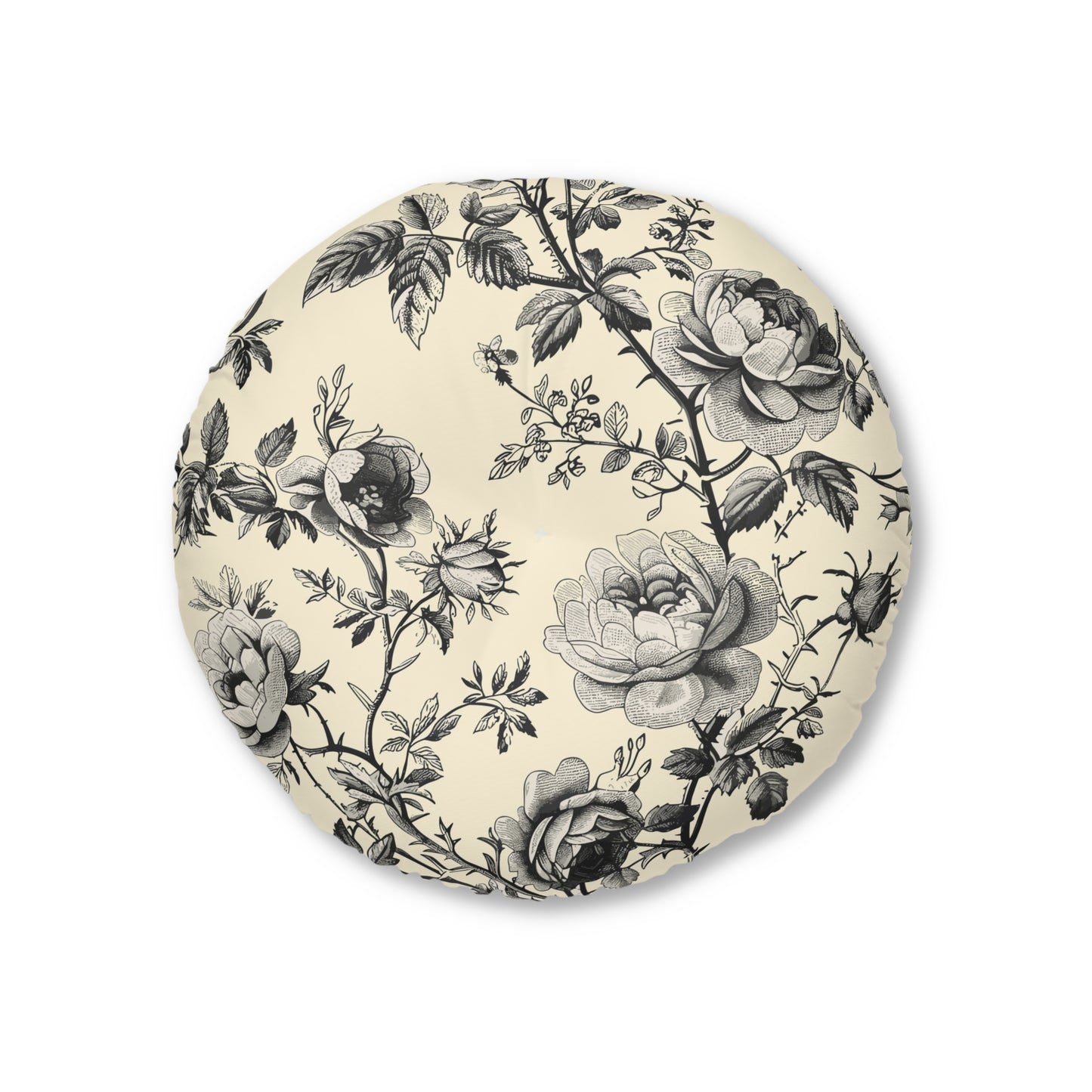 Eternal Bloom | Black & Ivory Floral Tufted Round Pillow | Timeless Romance in Monochrome Elegance