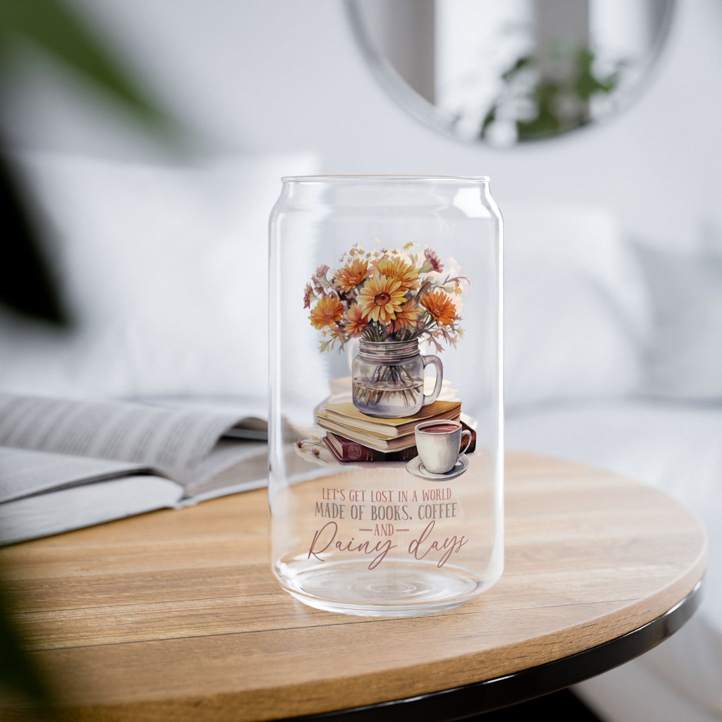 'Books Coffee and Rainy Days' | 16oz Custom Sipper Glass with Bamboo Lid & Straw – Perfect for Sweet Treats and Family Parties