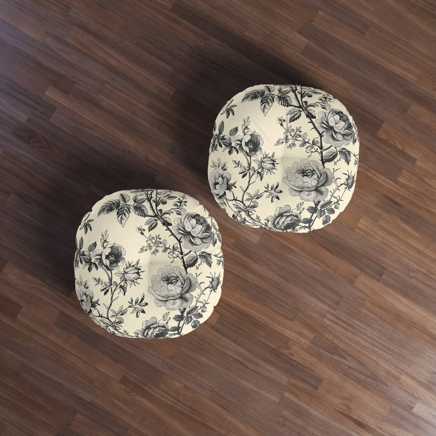 Eternal Bloom | Black & Ivory Floral Tufted Round Pillow | Timeless Romance in Monochrome Elegance