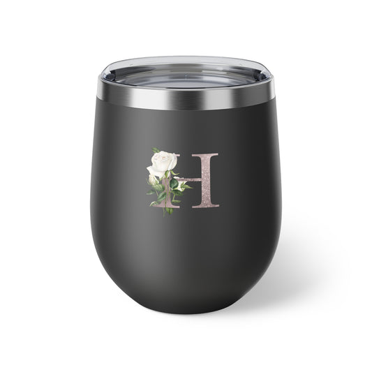 Letter H - Personalized Romantic White Rose Copper Vacuum Insulated Cup, 12 oz – Perfect for Weddings