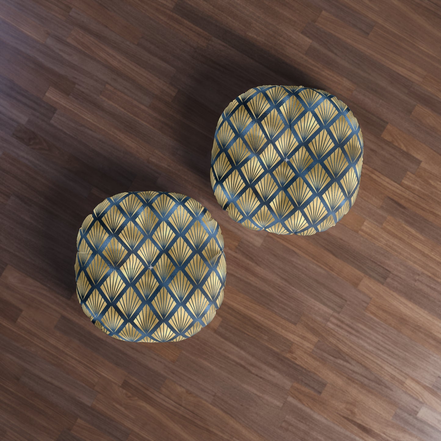 Art Deco Elegance | Gold & Blue Tufted Round Pillow | Timeless Glamour with Geometric Luxe Design
