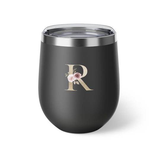 Letter R - Personalized Elegant Pink Rose Copper Vacuum Insulated Cup, 12 oz – Perfect for Weddings