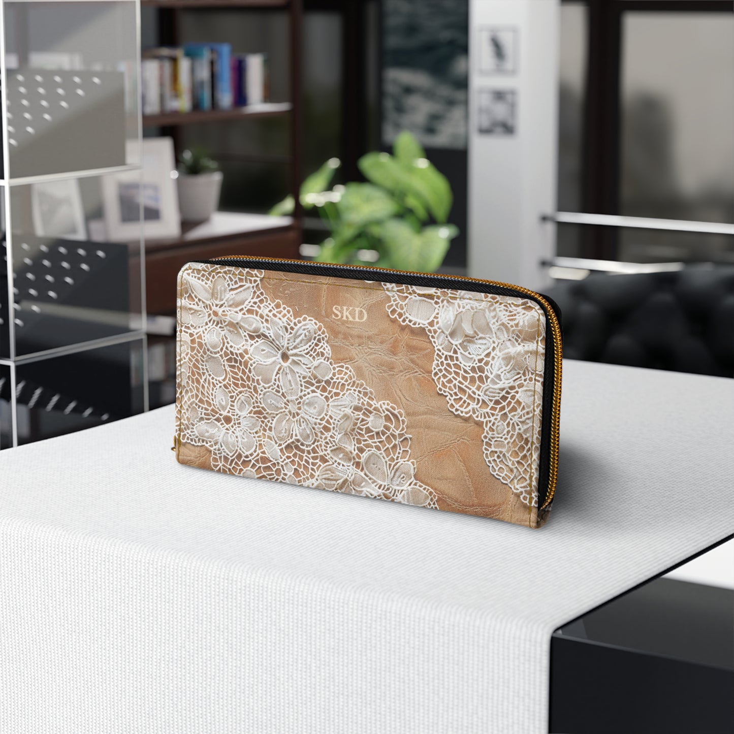 Demure Elegance | Soft Lace & Beige Smooth Faux Leather Zipper Wallet | Stylish & Practical Gift for Sophisticated Ladies