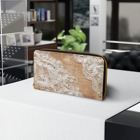 Demure Elegance | Soft Lace & Beige Smooth Faux Leather Zipper Wallet | Stylish & Practical Gift for Sophisticated Ladies