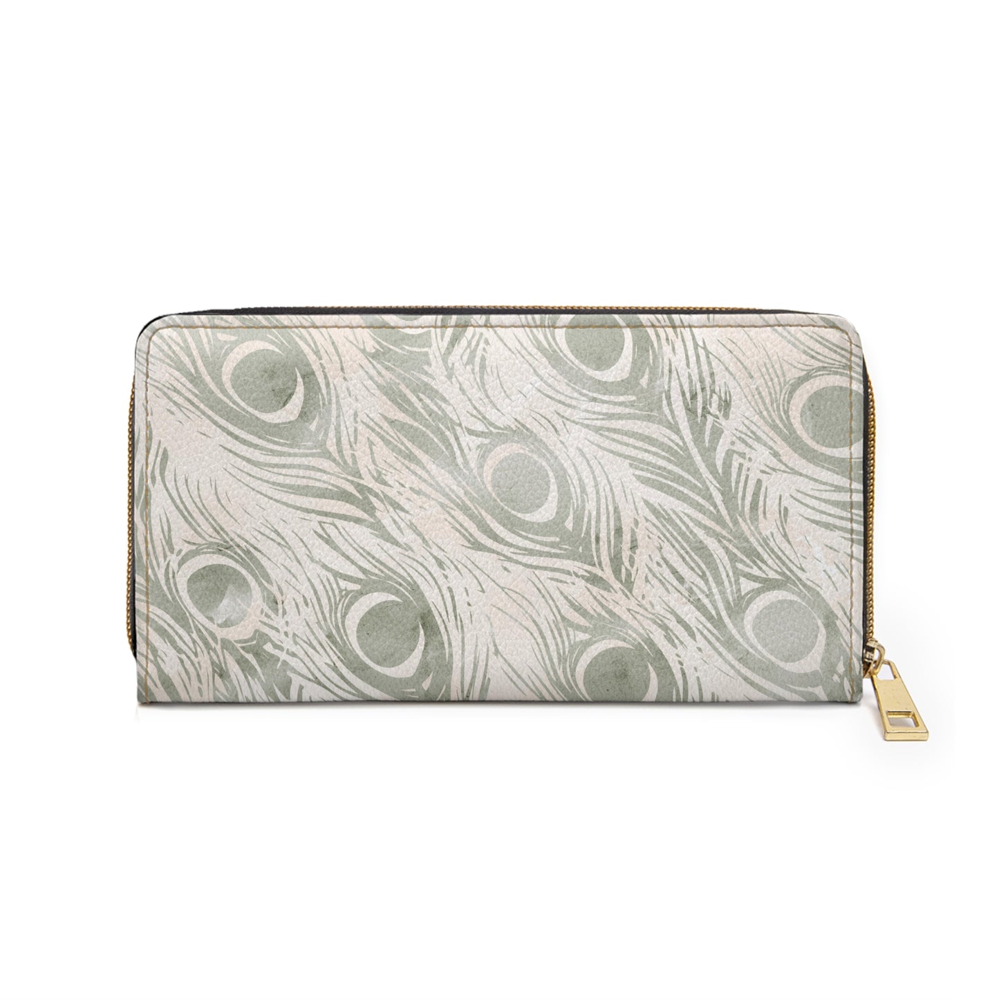 Vault Exclusive: Snowy Plume | Sage & Cream Peacock Feather-Patterned Zipper Wallet | Pristine Beauty for Winter & Bridal Occasions