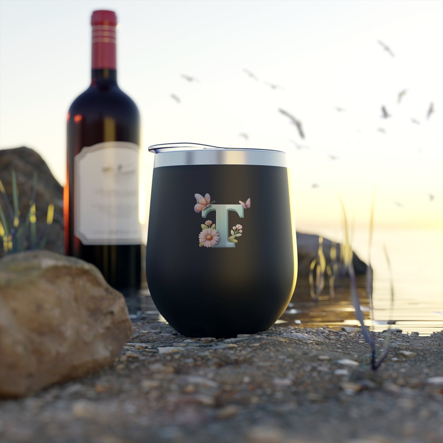 Letter T - Personalized Whimsical Butterfly Copper Vacuum Insulated Cup, 12 oz – Perfect for Weddings