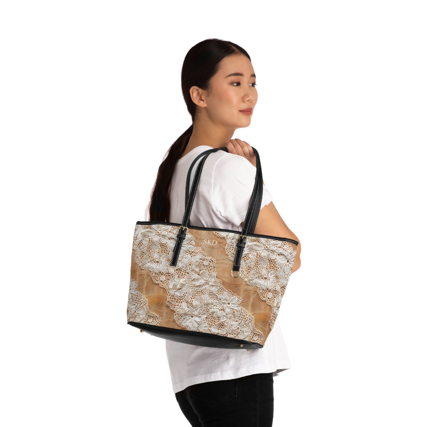Core Collection: Demure Elegance | Soft Lace & Beige Smooth Faux Leather Shoulder Bag | Understated Luxury for Graceful Women
