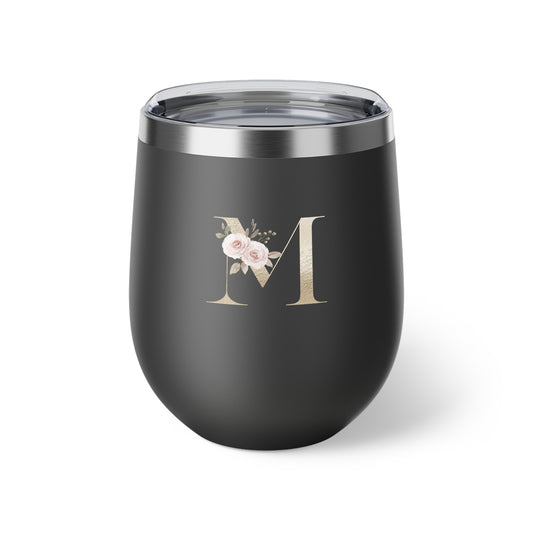 Letter M - Personalized Elegant Pink Rose Copper Vacuum Insulated Cup, 12 oz – Perfect for Weddings