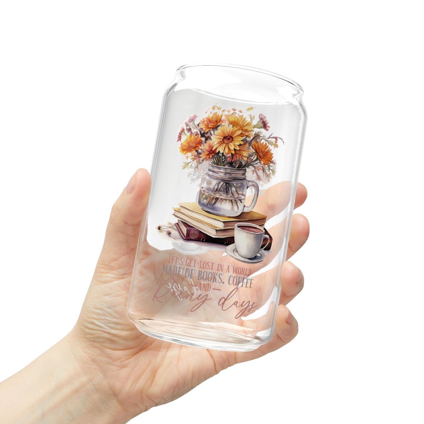'Books Coffee and Rainy Days' | 16oz Custom Sipper Glass with Bamboo Lid & Straw – Perfect for Sweet Treats and Family Parties