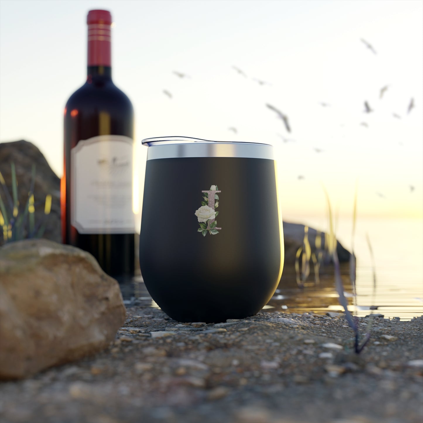Letter I - Personalized Romantic White Rose Copper Vacuum Insulated Cup, 12 oz – Perfect for Weddings