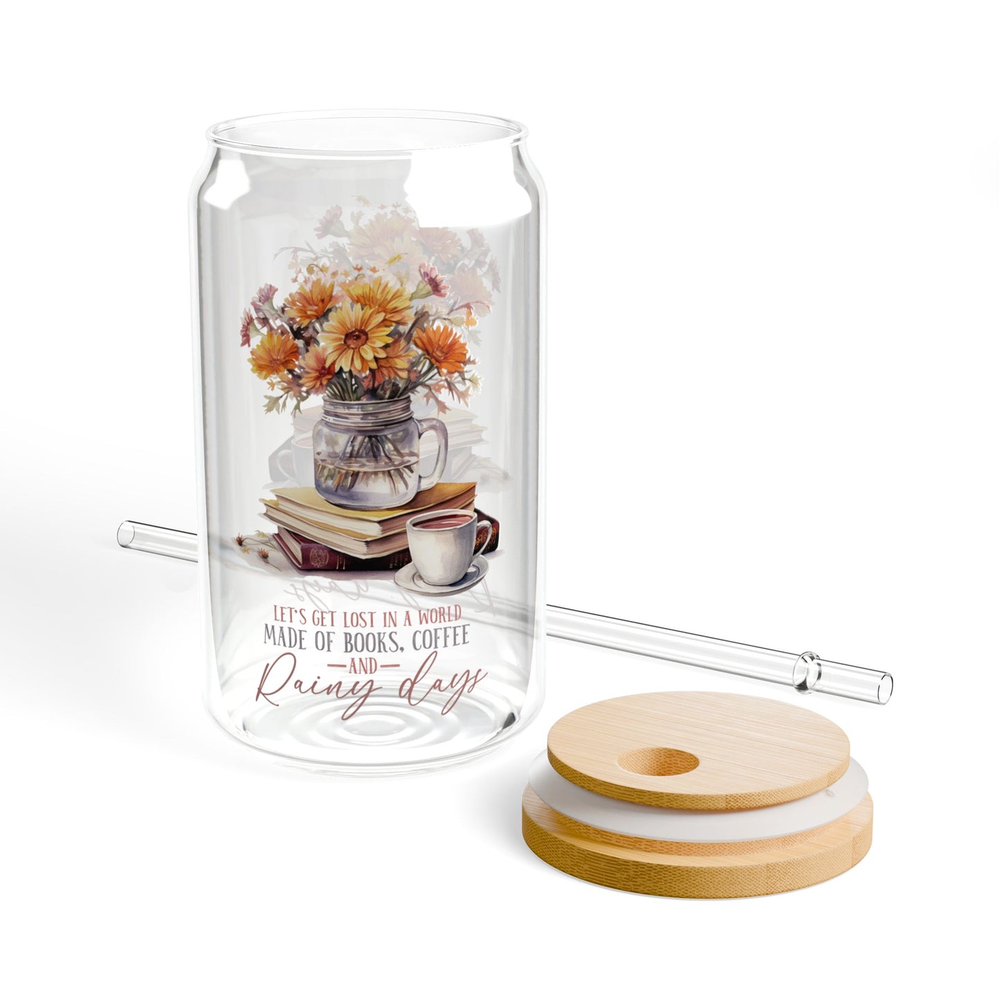'Books Coffee and Rainy Days' | 16oz Custom Sipper Glass with Bamboo Lid & Straw – Perfect for Sweet Treats and Family Parties