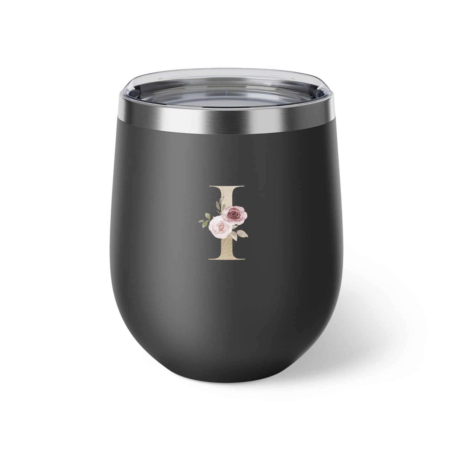 Letter I - Personalized Elegant Pink Rose Copper Vacuum Insulated Cup, 12 oz – Perfect for Weddings