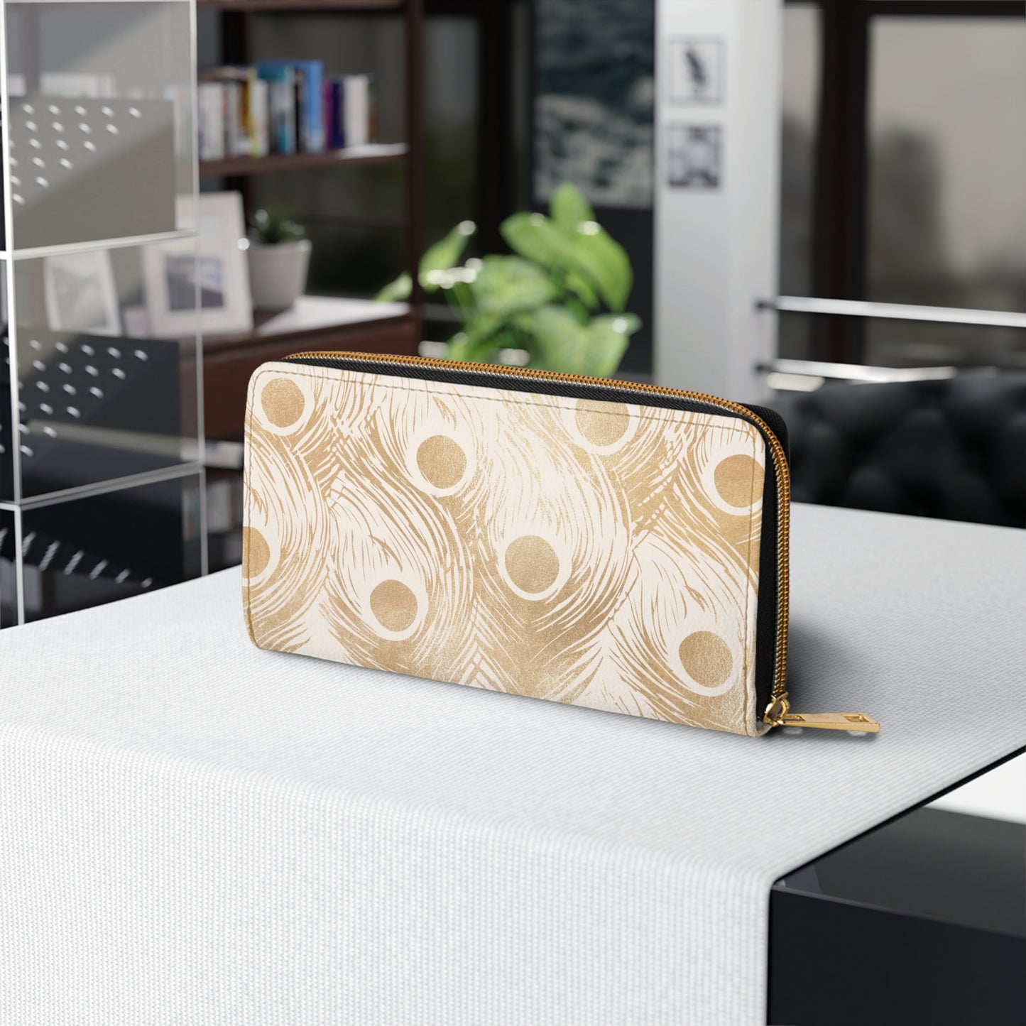 Vault Exclusive: Golden Plume | Gold Peacock Feather-Patterned Zipper Wallet | Luxe Accent Piece for Elegant Evenings
