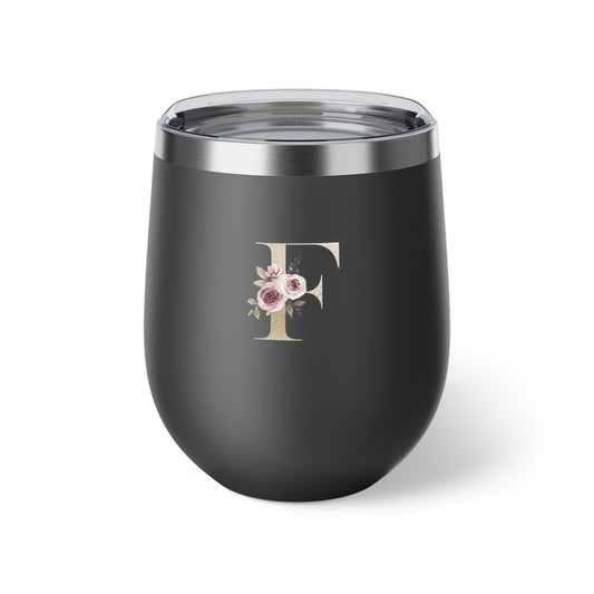Letter F - Personalized Elegant Pink Rose Copper Vacuum Insulated Cup, 12 oz – Perfect for Weddings