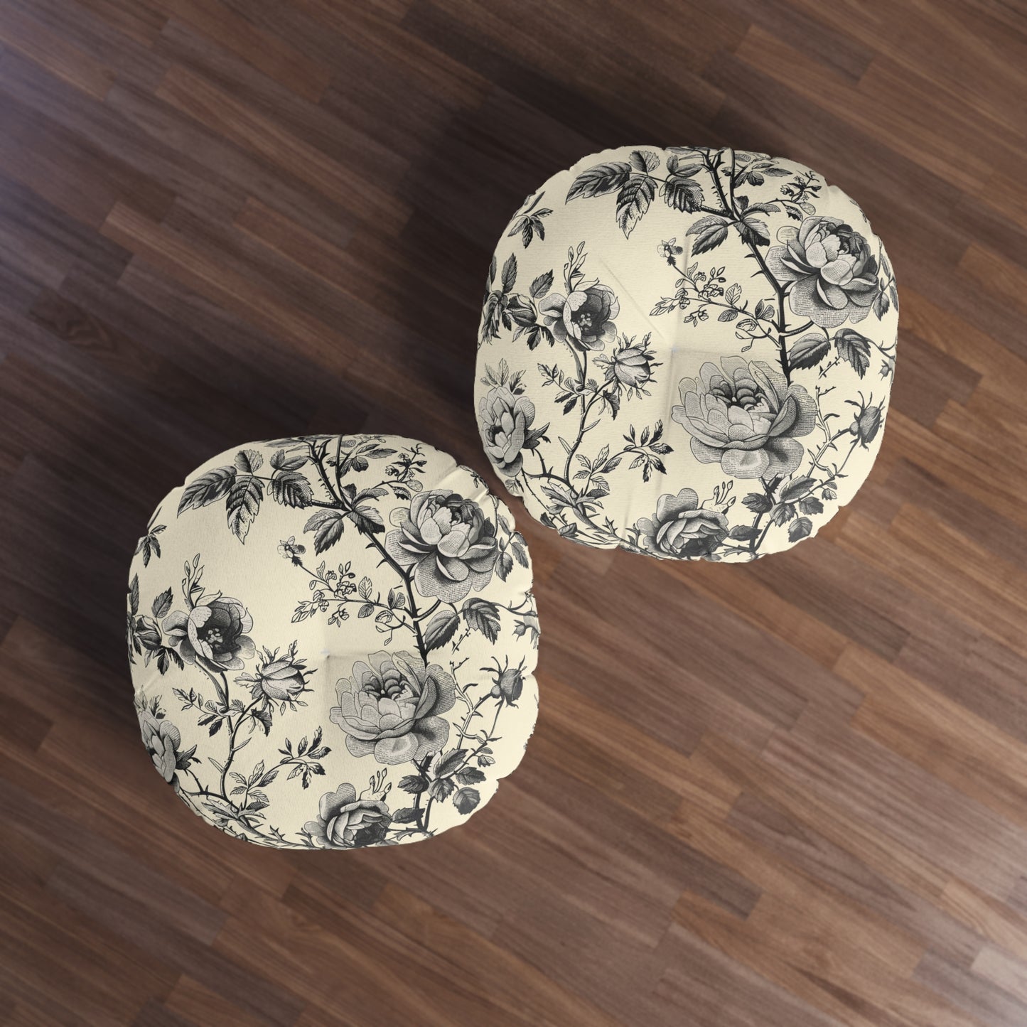 Eternal Bloom | Black & Ivory Floral Tufted Round Pillow | Timeless Romance in Monochrome Elegance
