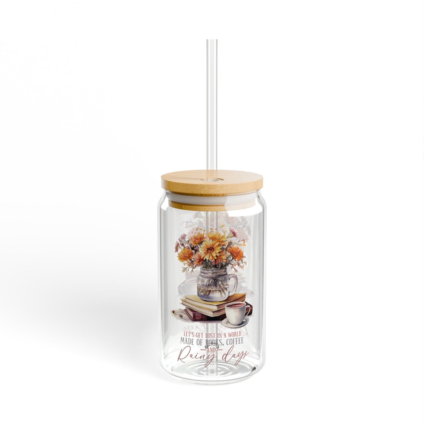 'Books Coffee and Rainy Days' | 16oz Custom Sipper Glass with Bamboo Lid & Straw – Perfect for Sweet Treats and Family Parties