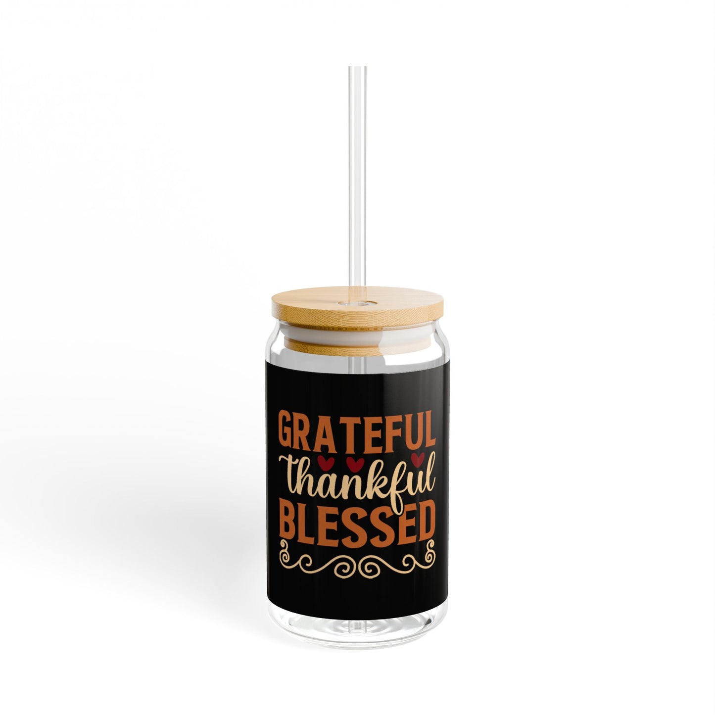 "Grateful Thankful Blessed" | 16oz Custom Sipper Glass with Bamboo Lid & Straw – Perfect for Sweet Treats and Family Parties