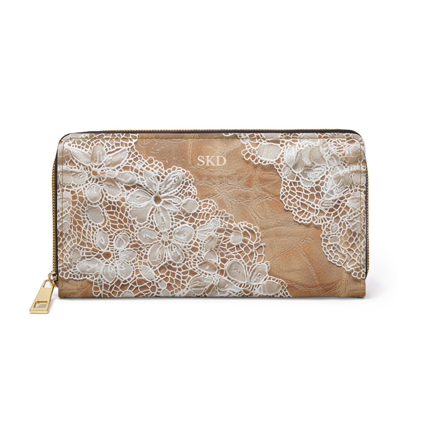 Core Collection: Demure Elegance | Soft Lace & Beige Smooth Faux Leather Zipper Wallet | Stylish & Practical Gift for Sophisticated Ladies