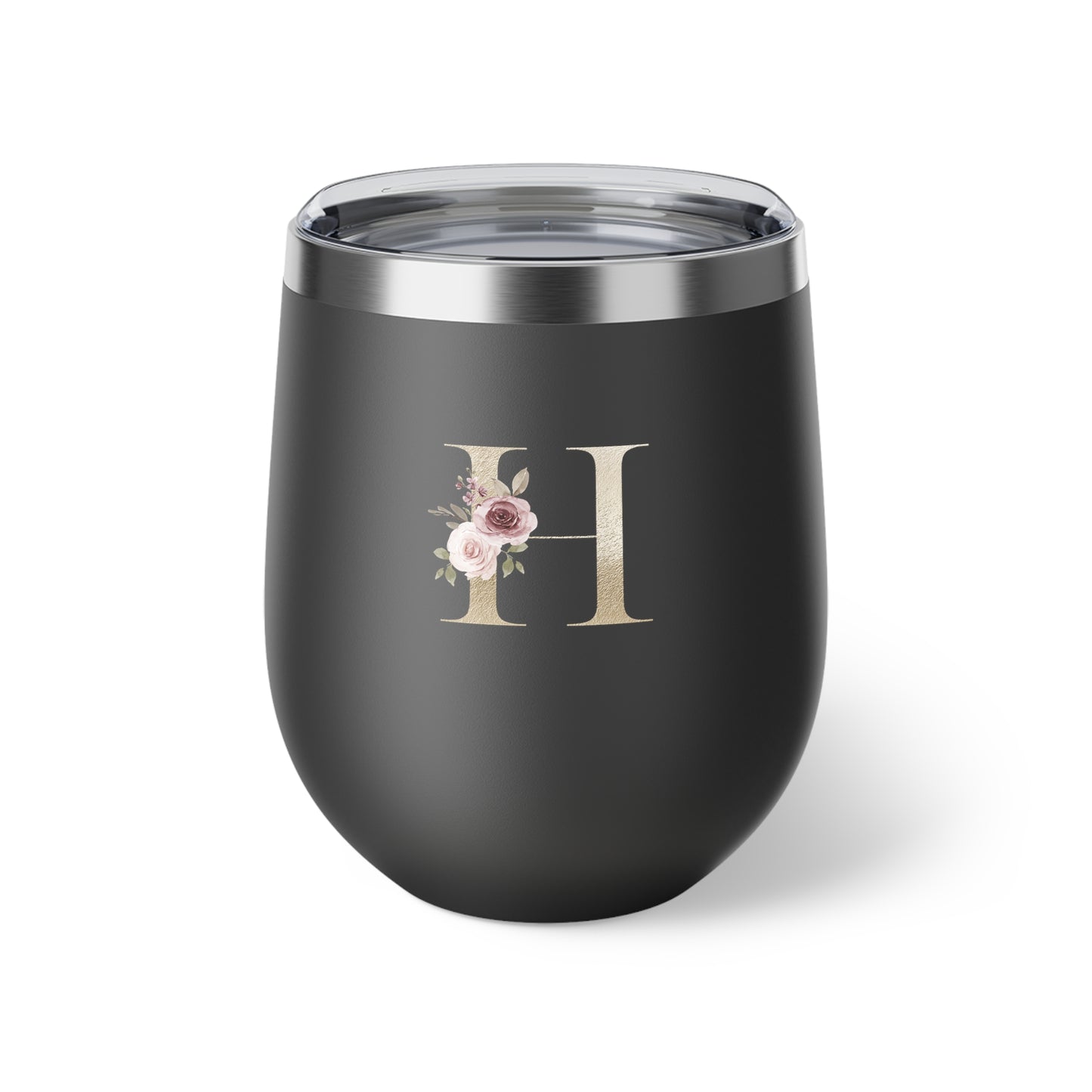 Letter H - Personalized Elegant Pink Rose Copper Vacuum Insulated Cup, 12 oz – Perfect for Weddings