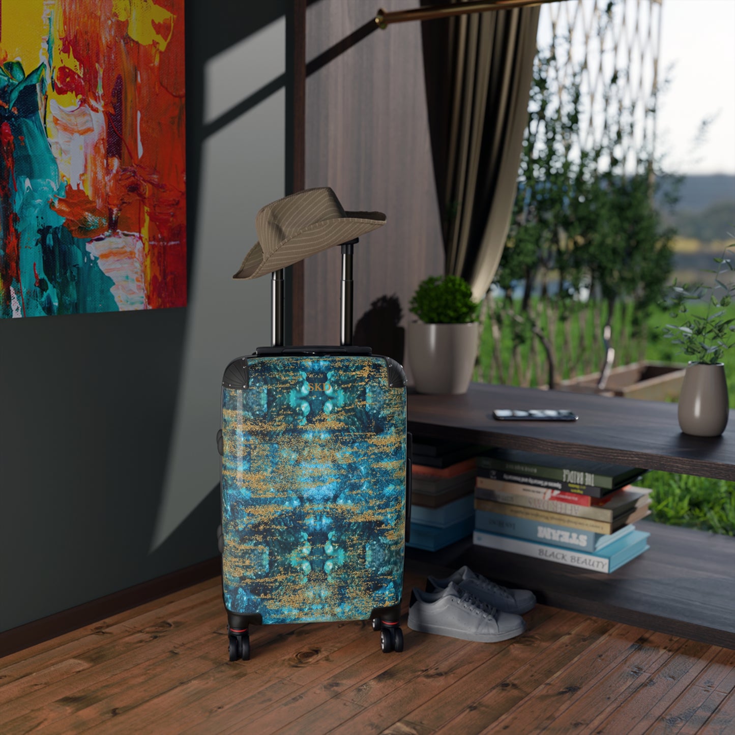 LIMITED EDITION: Celestial Reverie | Chrysocolla & Pyrite-Inspired Suitcase with Built-In Lock and Durable Protection | Lightweight Carry-On and Vacation Essential for Transformation, Abundance, & Artistic Elegance for the Visionary Collector
