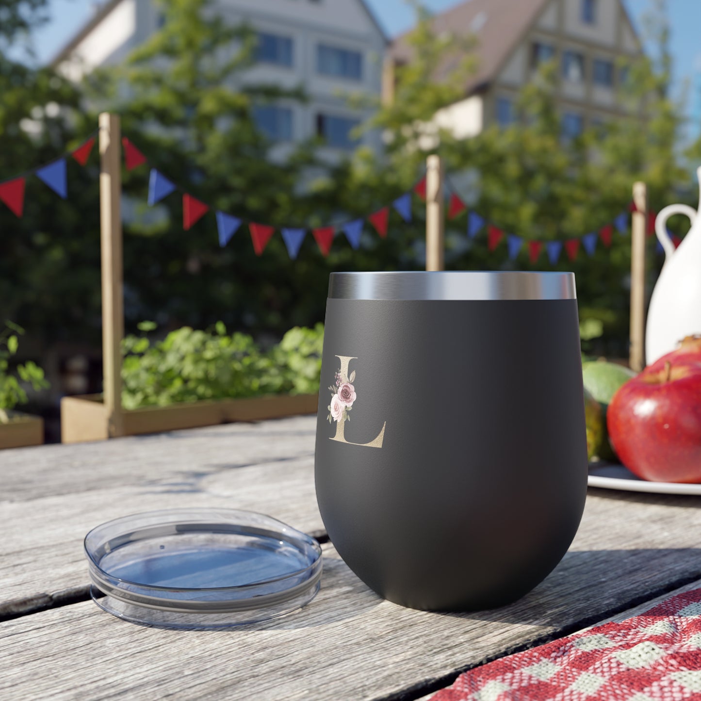 Letter L - Personalized Elegant Pink Rose Copper Vacuum Insulated Cup, 12 oz – Perfect for Weddings