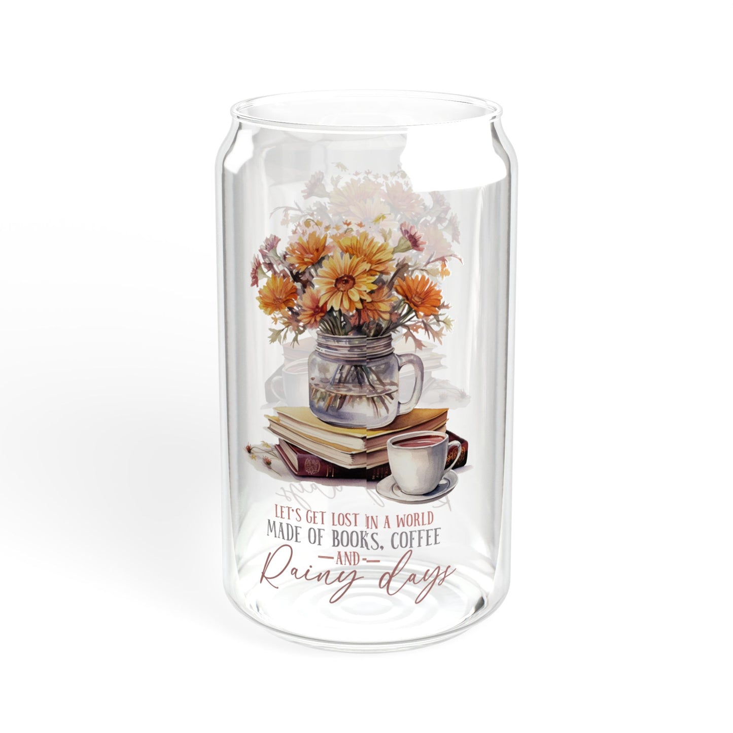 'Books Coffee and Rainy Days' | 16oz Custom Sipper Glass with Bamboo Lid & Straw – Perfect for Sweet Treats and Family Parties