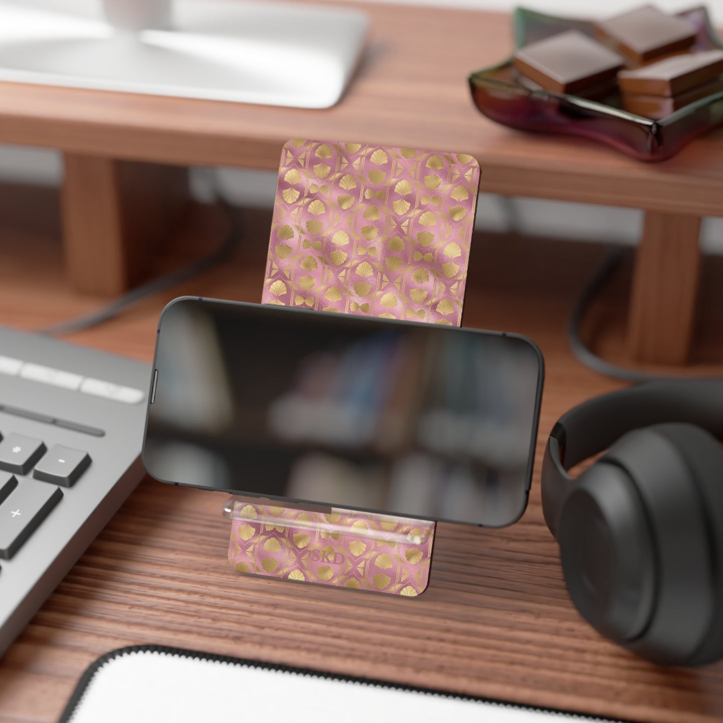 Collector's Vault: Blush Horizon | Soft, Pastel Pink & Gold Smartphone Display Stand | Desk Organizer, Phone Holder, Unique Gift, Home Decor, Office Accessory