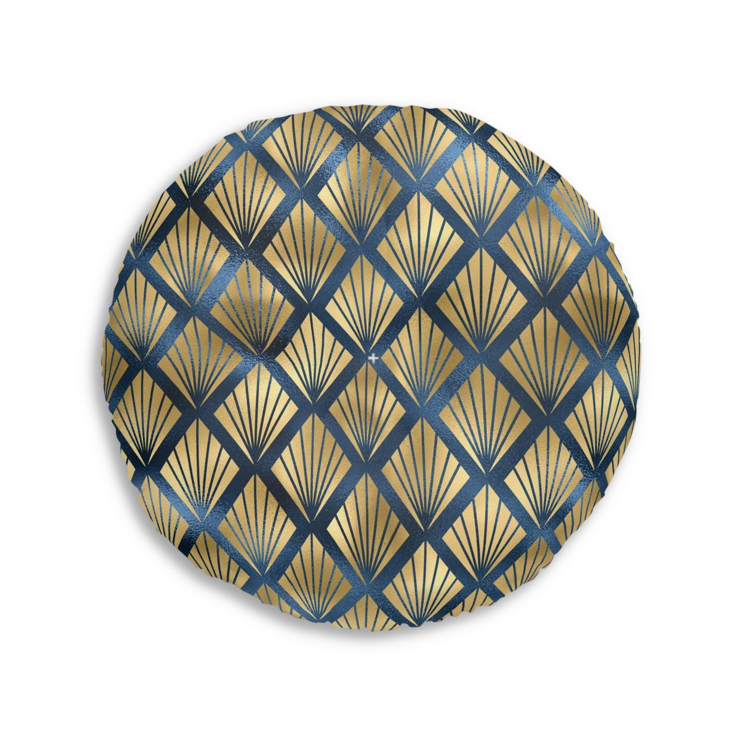 Art Deco Elegance | Gold & Blue Tufted Round Pillow | Timeless Glamour with Geometric Luxe Design