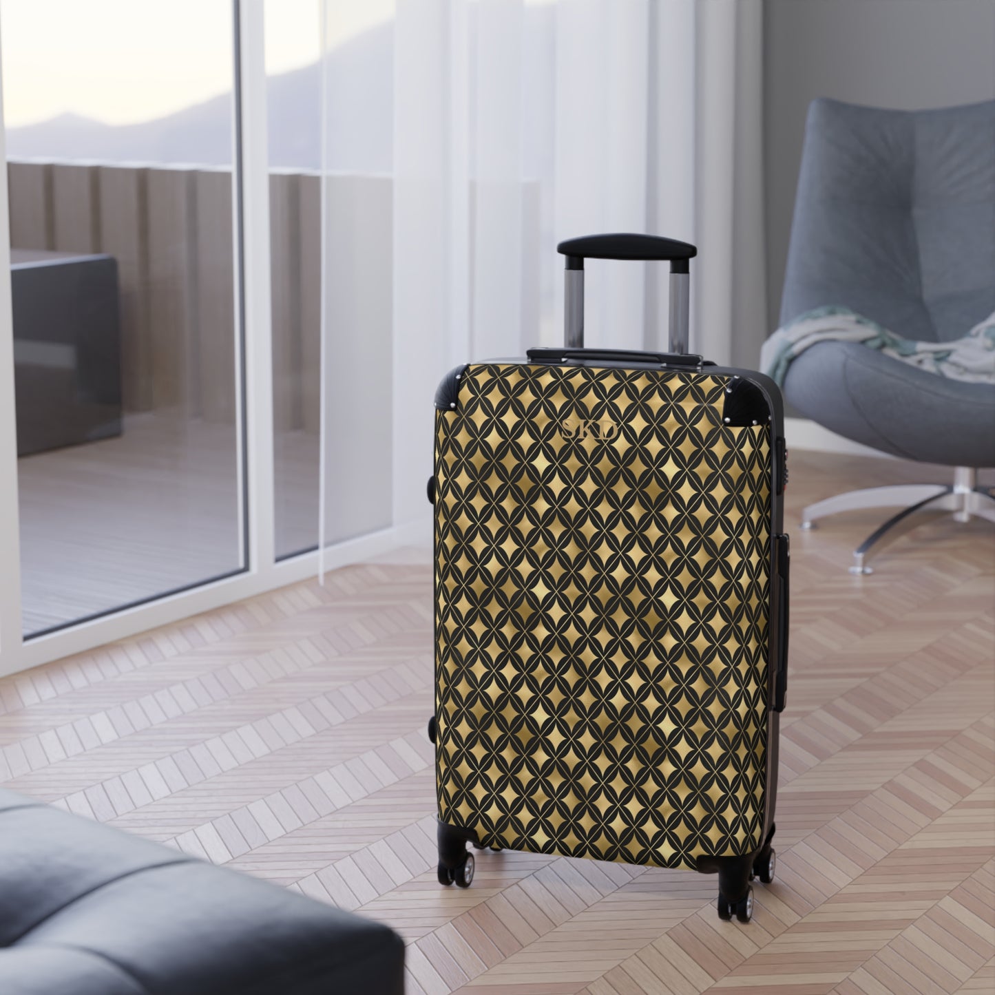 Prestige Legacy | Black & Gold Diamond Pattern Suitcase with Built-In Lock and Durable Protection | Luxurious and Enduring Travel, Lightweight Carry-On, Vacation Essential
