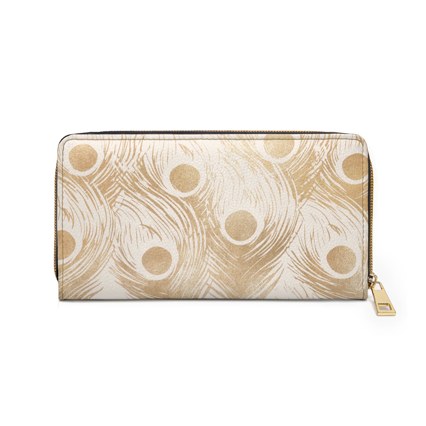 Vault Exclusive: Golden Plume | Gold Peacock Feather-Patterned Zipper Wallet | Luxe Accent Piece for Elegant Evenings