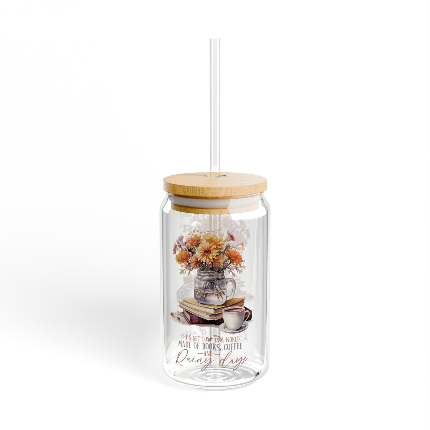 'Books Coffee and Rainy Days' | 16oz Custom Sipper Glass with Bamboo Lid & Straw – Perfect for Sweet Treats and Family Parties