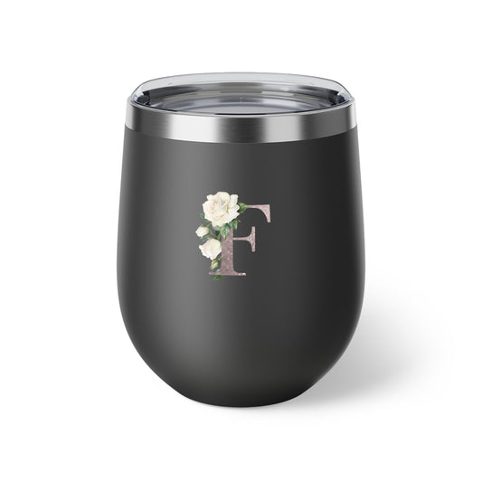 Letter F - Personalized Romantic White Rose Copper Vacuum Insulated Cup, 12 oz – Perfect for Weddings