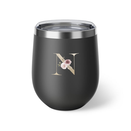 Letter N - Personalized Elegant Pink Rose Copper Vacuum Insulated Cup, 12 oz – Perfect for Weddings
